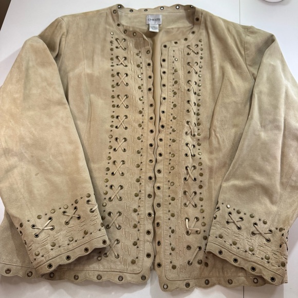 Chicos Suede Leather Jacket Size 3 XL Beige Eyelet Braided Thread Studs Western - Picture 1 of 11